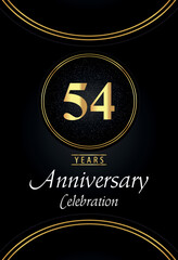 54 years anniversary celebration logo with silver dotted and golden ring borders on black background. Premium design for poster, banner, weddings, birthday party, celebration events, greetings card.