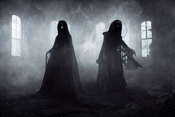 Scary ghosts women in haunted house. Digital art