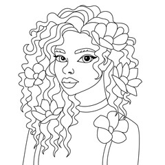 African Black woman curly hairstyle with flowers vector Afro girl vector coloring page outline illustration