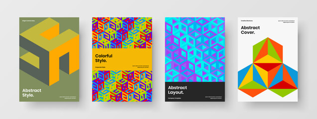 Colorful catalog cover vector design layout set. Abstract mosaic shapes corporate brochure template bundle.