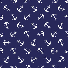 Seamless vector pattern with sea anchors. Nautical theme with white anchors on a blue background for a textile print.