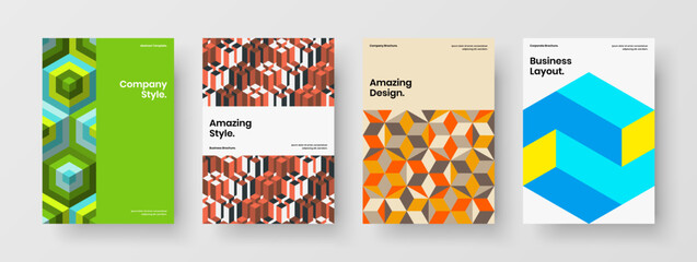 Creative pamphlet design vector concept set. Isolated geometric tiles magazine cover layout bundle.