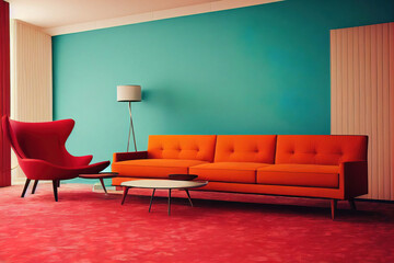 Interior of a colorful retro living room, leather sofa, big windows, happy wall color, 3d render, 3d illustration