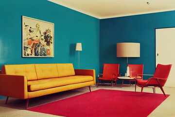 Interior of a colorful retro living room, leather sofa, big windows, happy wall color, 3d render, 3d illustration