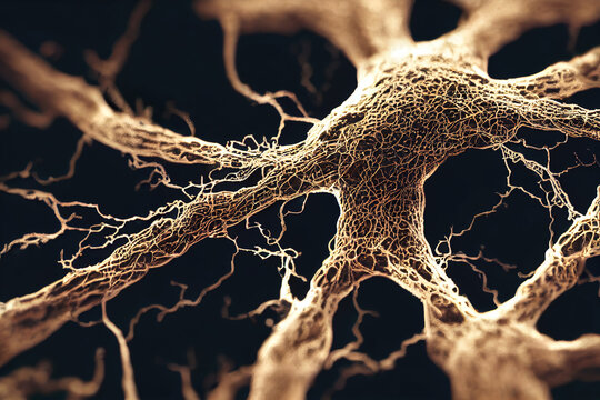 Neural network illustration, nervous system, axons, dendrits, glowing nerve cells, science background wallpaper, 3d illustration, 3d illustration