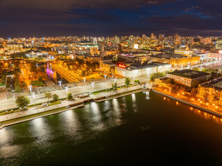 Embankment of the central pond and Plotinka in Yekaterinburg at summer or early autumn night. The historic center of the city of Yekaterinburg, Russia, Aerial View