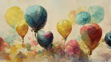 colorful Bunch of bright balloons and  pace, watercolor