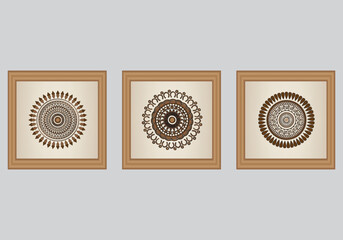 Three Set Frames of Brown Round Mandala Ornament Decorative Design, Henna Mandala Design