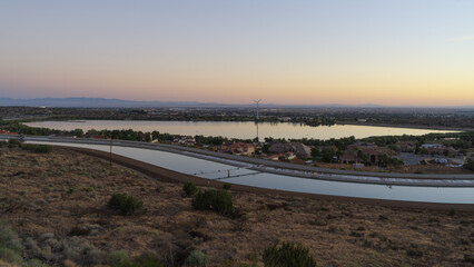 The California aqueduct and the artificial Lake Palmdale shown in Palmdale, Los Angeles County at dawn.