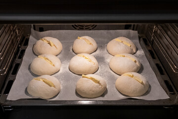 freshly baked crispy buns in the oven on the tray, process of cooking mini small bread from dough, home made hot bakery, cooking, baking