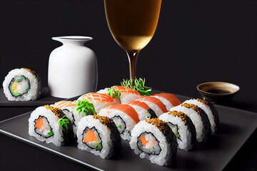 Sushi rolls, sake and plum wine, black background, food photography illustration