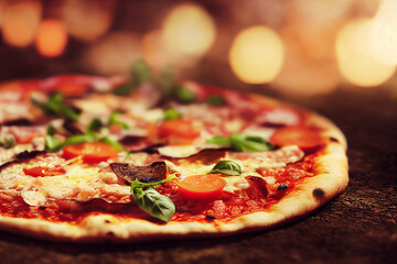 Fresh Neapolitan Italian Pizza Margherita with buffalo mozzarella and basil, food photography and illustration