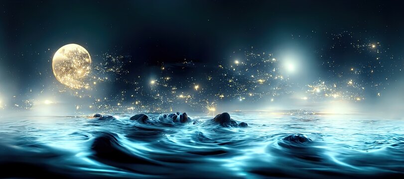 fantasy seascape with beautiful waves and foam. Night view of the ocean. Neon foam on water waves. Reflection in the water of the starry sky. 3d render