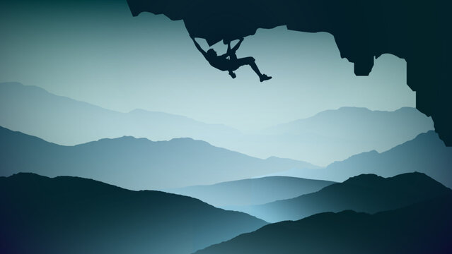 climber on a cliff with mountains as a background. Mountain climber wallpaper for desktop. Rock climber. Extreme rock climber background. Silhouette of a rock climber.