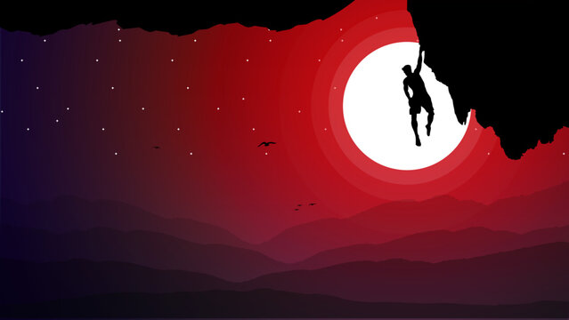 climber on a cliff with mountains as a background. Mountain climber walpaper for desktop. Extreme rock climber background. Rock climber. Silhouette of a rock climber.