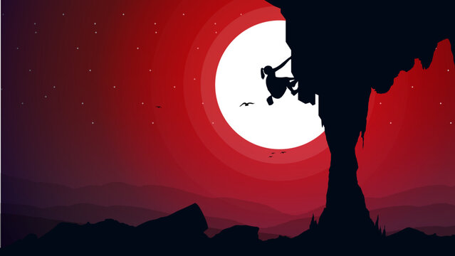 climber on a cliff with mountains as a background. Extreme rock climber background. Mountain climber walpaper for desktop. Rock climber. Silhouette of a rock climber. 