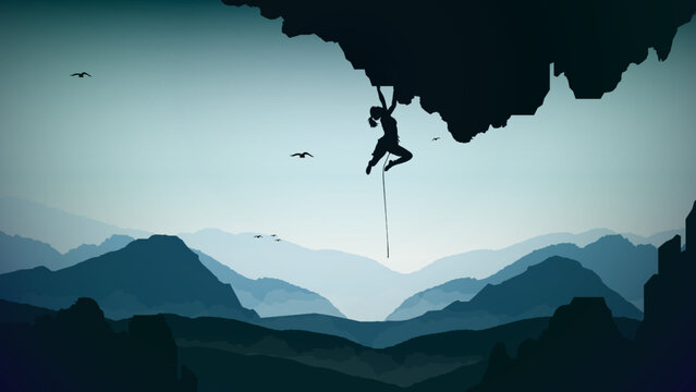 Extreme rock climber background. climber on a cliff with mountains as a background. Mountain climber walpaper for desktop. Rock climber. Silhouette of a rock climber. 