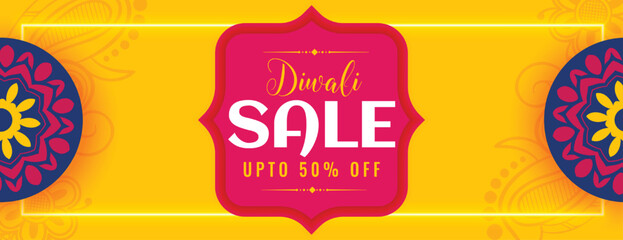 happy diwali sale banner with offer details in yellow background