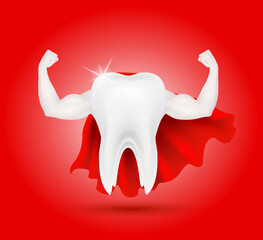 Tooth healthy sparkling and strong muscle with calcium fluorine. Teeth with red veil isolated on a dark background. Can be used in children dentist clinic. Medical health concept. 3D vector.
