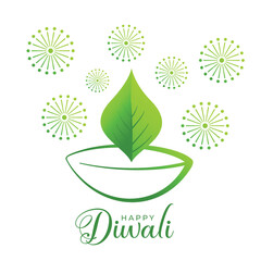 creative diya with leaf design for eco green diwali background