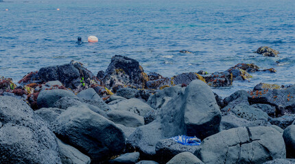 Swimmer in wetsuit in ocean water off volcanic coast of Jeju Island, South Korea.