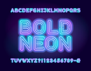 Bold Neon alphabet font. Two neon colors letters and numbers. Stock vector typeface for your design.