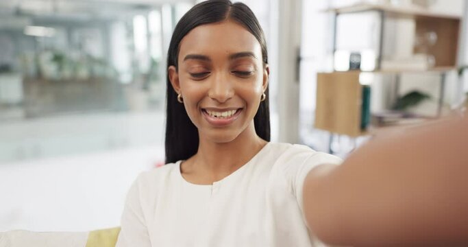 Business woman influencer on video call in office for social media content creation talking on internet of happy career job. Digital marketing gen z entrepreneur live streaming her company workplace