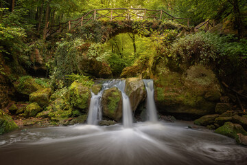 Wasserfall mit Brücke im Wald