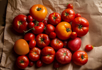 Many different tomatoes in a pile on craft paper. Organic ugly vegetables. Top view with copy space