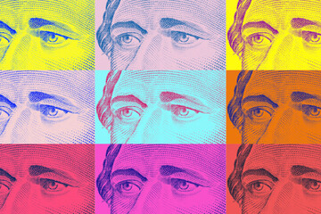 Contemporary artwork close up president banknotes face. Digital texture backdrop. Trendy pop art fun culture. Neural network art poster. Funky punk collage design. Creative concept money illustration.