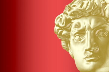 Antique sculpture of human face in artificial intelligence luxury art style. Modern creative concept image with ancient gold statue. Contemporary neural network art poster. Funky punk collage design.