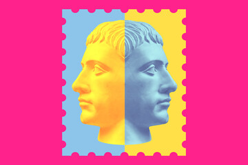 Antique sculpture of human face in artificial intelligence pop art style. Modern creative concept image with ancient statue head. Contemporary neural network art poster. Funky punk collage design.