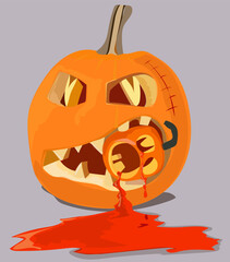 illustration and vector, halloween pumpkin monster, biting little pumpkin, happy halloween