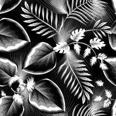 vintage jungle plants seamless background with tropical leaves and plants foliage on dark background. light background. flat design. forest wallpaper. old design. nature decorative. spring. autumn. 