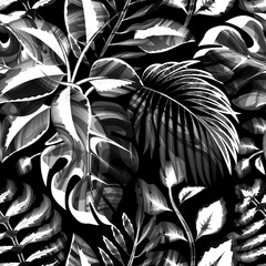 vintage abstract jungle seamless background with tropical leaves and plants foliage on dark background. forest background. nature wallpaper. monochromatic stylish. Exotic tropic. spring. autumn. fall