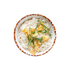 Bowl of steamed rice with garlic