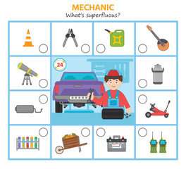 Game for kids. Auto mechanic and tools. What's superfluous Preschool worksheet activity. Children funny riddle entertainment for the development of logical thinking