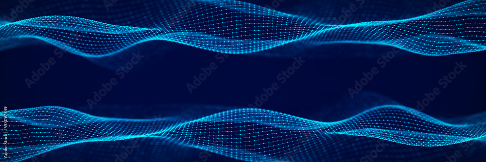 Poster 3d dynamic double digital wave. smart technology wave. flow digital structure. cyber technology back