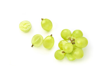 Flat lay of green grape on white background.