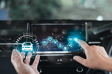 Wireless connection technology in the smart car and virtual screens concept, Man point on the screen icon a car online connecting to the car system and safety technology, car inside  background