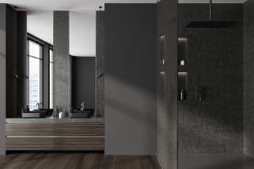 Grey bathroom interior with double sink and douche, panoramic window