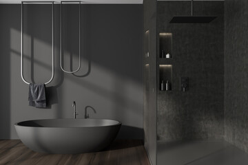Grey bathroom interior with douche and tub with rail, accessories