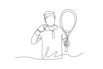 Single one line drawing sportsman confidently pointing to tennis racket. Pointing concept. Continuous line draw design graphic vector illustration.