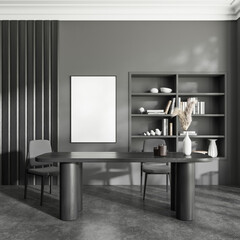 Grey meeting room interior with table and seats, minimalist shelf. Mockup frame