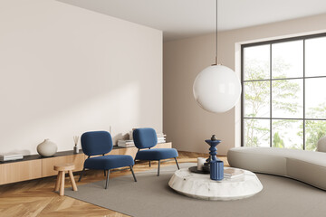 Light relax interior with soft place and drawer with window. Mockup empty wall