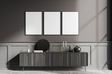 Grey living room interior with dresser and decoration. Mockup frames