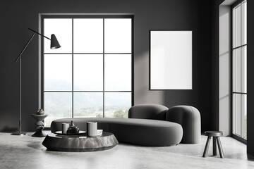 Grey chill room interior with couch and panoramic window. Mockup frame