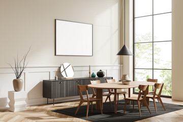 Corner view on bright dining room interior with white poster,