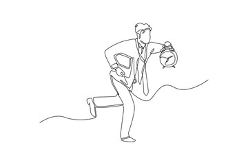 Continuous one line drawing businessman with clock running late to office. Timer concept. Single line draw design vector graphic illustration.