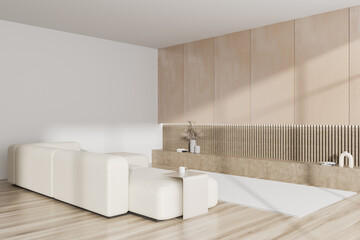 Light living room interior with couch and decoration. Mockup empty wall